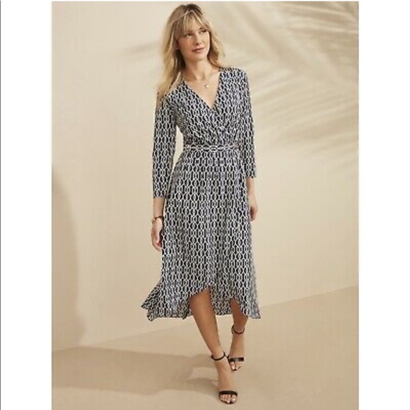 NWOT C. Wonder Women's Long Sleeve Midi Wrap Dress Geo Chain- Classic Navy